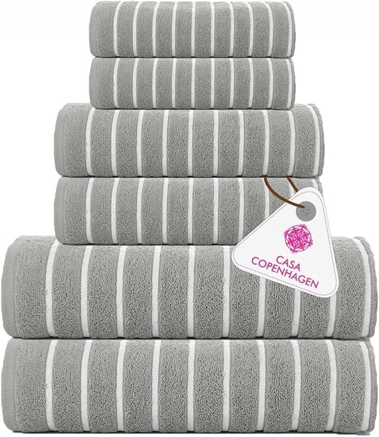CASA COPENHAGEN Ecstatic 6 Pieces Towel Set- Dark Grey, 600 GSM 2 Bath Towel 2 Hand Towel 2 Washcloth, Designed in Denmark Made of Soft Egyptian Cotton for Bathroom, Kitchen & Shower
