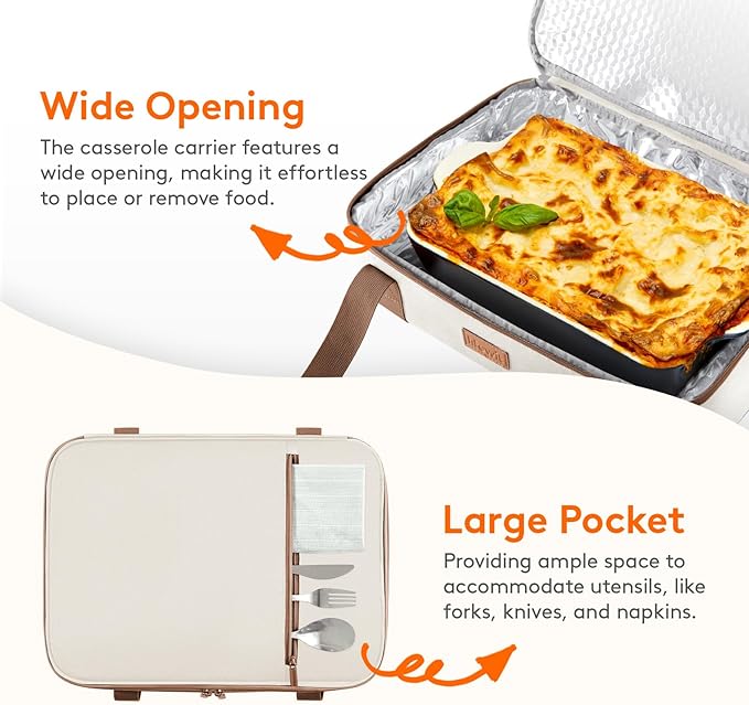 Lifewit Insulated Casserole Carrier for Hot or Cold Food, Casserole Dish with Lid and Carrying Case, Lasagna Holder for Potluck Parties/Picnic/Cookouts, Fits 9"x13" Baking Dish, Beige