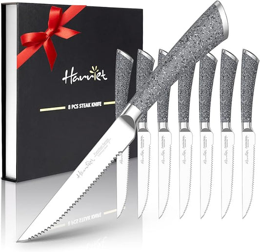 harriet Steak Knives Set of 8, 4.5" Serrated Steak Knives, Full Tang Premium Stainless Steel Steak Knives Set with Gift Box, Dinner Knives, Marble Pattern Handle