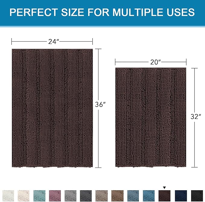 H.VERSAILTEX 2 Piece Bathroom Set - Super Absorbent Chenille Striped Bath Mats - Non Skid, Machine Washable - Chocolate, 24 x 36 Plus 20 x 32 Inches