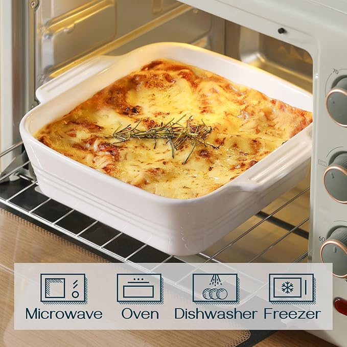 DOWAN 8x8 Baking dish, Square Baking Pan, Ceramic Casserole Dishes for Oven, Cake Pan with Handle, for Brownie, Lasagna, Casserole, 2 Quart, Home Gift, Bright White