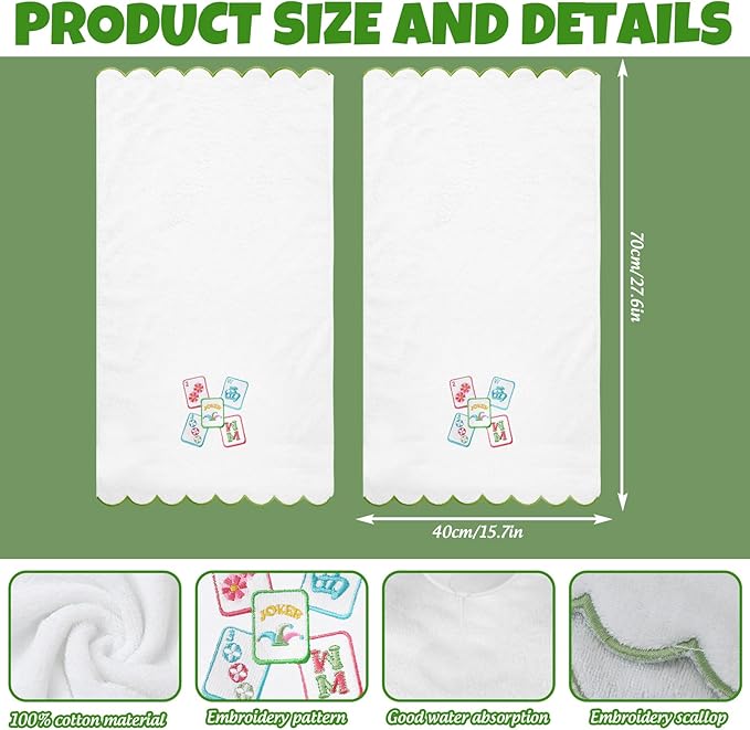 2Pcs Mahjong Scalloped Hand Towels Mah Jong Embroidered Cotton Bathroom Towels Decorative Dish Towel for Home Bathroom Kitchen Decor Mahjong Lover Gifts, 15.7x27.6 Inch