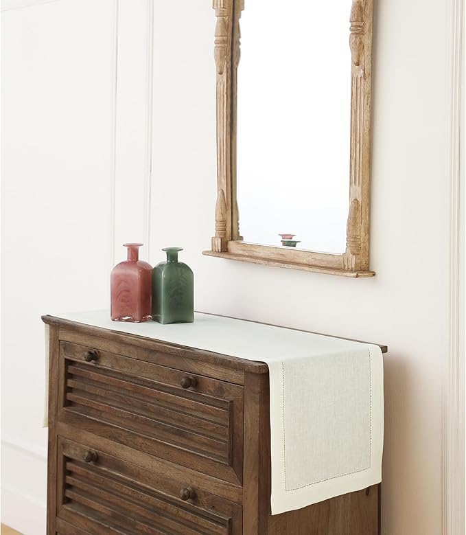 Solino Home Linen Ivory Table Runner 48 Inches - Classic Hemstitch, 100% Pure Linen Coffee Table Runner 14 x 48 Inch Ideal for Dresser Tables - Holiday, New Year