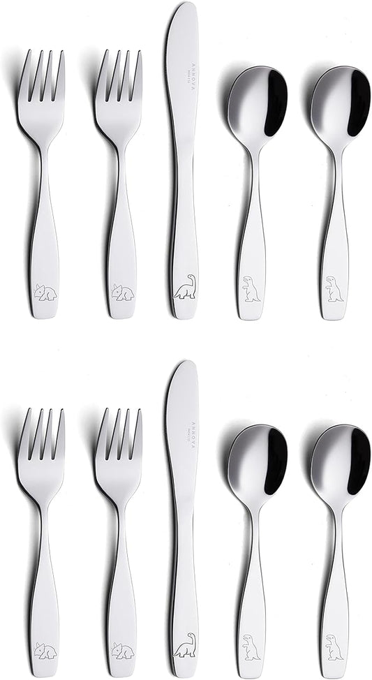 ANNOVA Kids Flatware Set - Stainless Steel Silverware Forks, Table Knife, Tablespoons - Child Toddler Utensils Dinosaur Engraved T-Rex, Triceratops, Diplodocus (Staineless Steel, 10 Pieces)