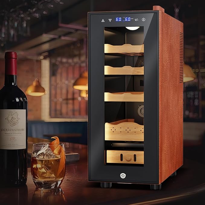 Electric Humidor with Leather-35L Cooling & Heating Humidor, Smart Touch Control Humidity & Temp, Humidors wtih Spanish Cedar Wood Tray, Digital Display, Safety Lock, Desktop Gift for Men