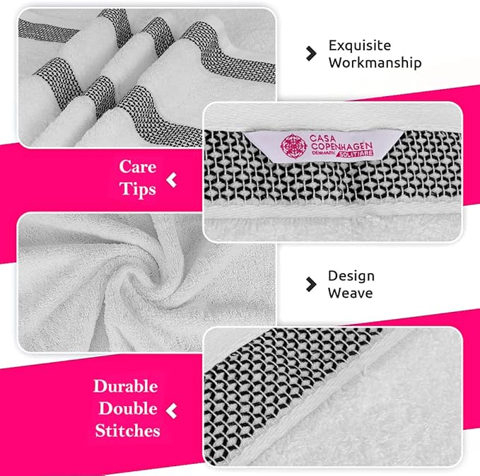 CASA COPENHAGEN Solitaire 6 Pieces Towel Set- Snow White, 600 GSM 2 Bath Towel 2 Hand Towel 2 Washcloth, Designed in Denmark Made of Soft Egyptian Cotton for Bathroom, Kitchen & Shower