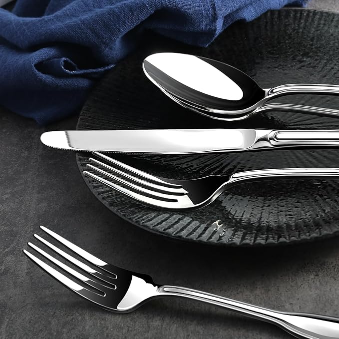 Silverware Set for 8, Heavy Duty Stainless Steel Cutlery Set with Wide Handles, Mirror Polished Utensils Spoons and Forks Set for Kitchen，Dishwasher Safe (Silver, 40 Pieces for 8)