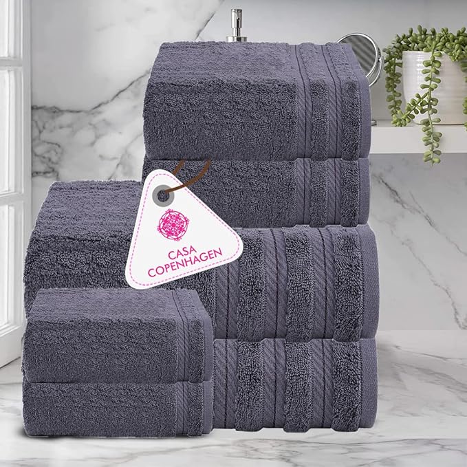 CASA COPENHAGEN Bella 6 Pieces Towel Set- Pinstripe Grey, 600 GSM 2 Bath Towel 2 Hand Towel 2 Washcloth, Designed in Denmark Made of Soft Egyptian Cotton for Bathroom, Kitchen & Shower