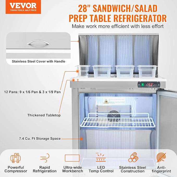 VEVOR 28" Commercial Refrigerator, 12 Pans Sandwich & Salad Prep Table, 7.4 Cu. Ft Stainless Steel Refrigerated Food Prep Station, Frost Free Mega Top Refrigerator for Restaurant, Food Truck, Bar