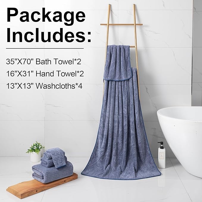 CHINO Bath Towels Set of 8,2 Extra Large Bath Towel 2 Hand Towels 4 Washcloths Microfiber Soft Super Absorbent Towels for Bathroom Quick Dry for Family Hotel Gym Spa(Navy)