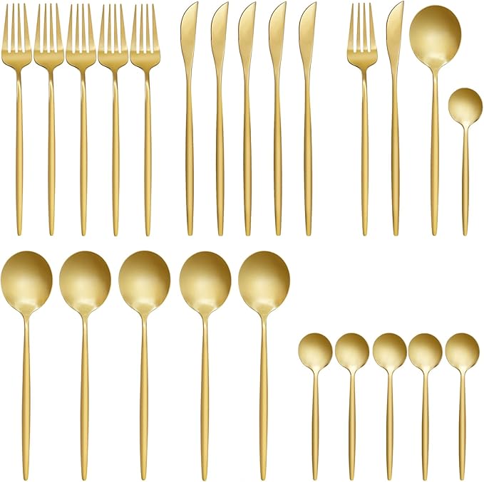 24 pcs Flatware Set, Gold Stainless Steel Flatware Set for 6, Knife Fork Spoon, Home Dinnerware Tableware Set for 6, Cutlery Set, Include Knives/Forks/Spoons…