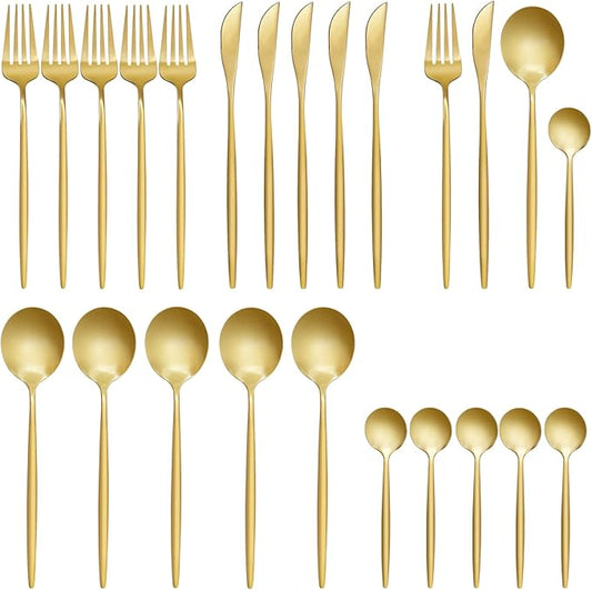 24 pcs Flatware Set, Gold Stainless Steel Flatware Set for 6, Knife Fork Spoon, Home Dinnerware Tableware Set for 6, Cutlery Set, Include Knives/Forks/Spoons…