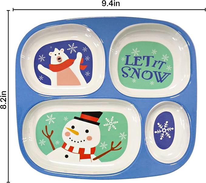 4E's Novelty Christmas Dinnerware Divided Plates For Kids (Set of 4) Melamine Plastic BPA Free Sectional Holiday Dinner Plates, Christmas Dishes for Toddlers