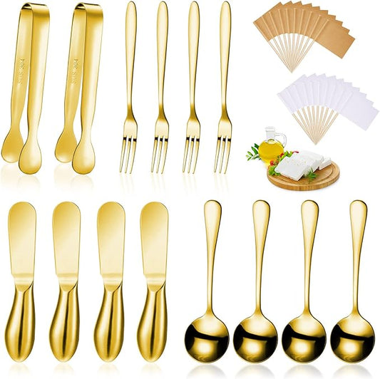 Patelai 14 Pieces Charcuterie Board Accessories Cheese Spreader Knives Set Stainless Steel Charcuterie Utensils Spreader Knives Mini Serving Tongs Spoons and Forks for Cheese and Pastry Making (Gold)