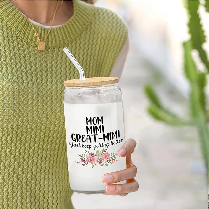Christmas Grandmother Gifts For Mom Mimi Great Mimi Glass Coffee Cup With Lid And Straws 14oz - christmas Glass Cup gifts For Grandma