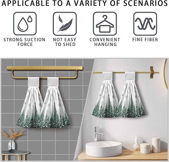 Winter Pine Trees Hanging Kitchen Towels 2pcs Snowflakes Hand Towel with Hanging Loop Winter Green Snow Tie Towels Soft Absorbent Dish Towel Decorative for Kitchen Farmhouse
