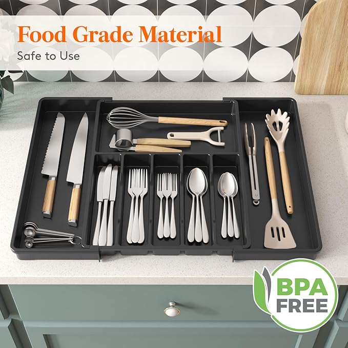 Lifewit Silverware Drawer Organizer, Expandable from 15.4 to 27 inches, Utensil Tray for Kitchen, Adjustable Cutlery Holder, Plastic Flatware Storage for Spoons Forks Knives, Extra Large, Black