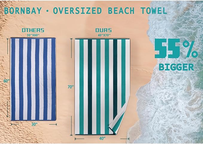 Large Beach Towel Oversized - 40"X70" Big Cute Pool Towel, Extra Large Thick Grassgreen Beach Towels, XL Wide Fluffy Beach Towel Oversize, Giant Stripe Cotton Pool Towel for Adults