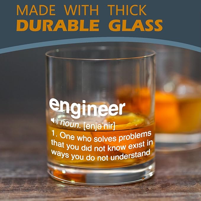 kunlisa Engineer Gifts Whiskey Glasses, Best Engineering Gifts for Men, 10 oz Drinking Rocks Glasses for Men Whisky Cocktail Scotch Bourbon Liquor