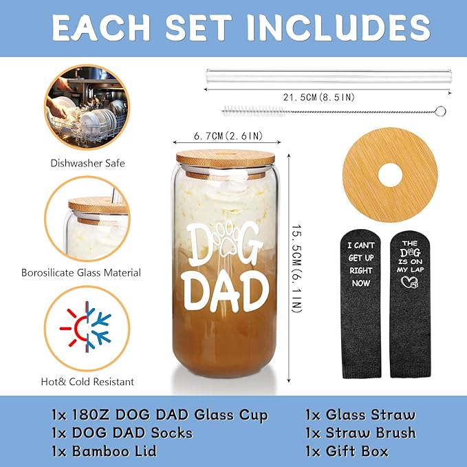 Dog Dad Gifts, Father's Day Gifts for Dog Lovers, 18OZ Daddy Cute Iced Coffee Glass Cup and Socks Present Set for Men, Dogs Lover Present for Men, Best Puppy Dad Coffee Mug