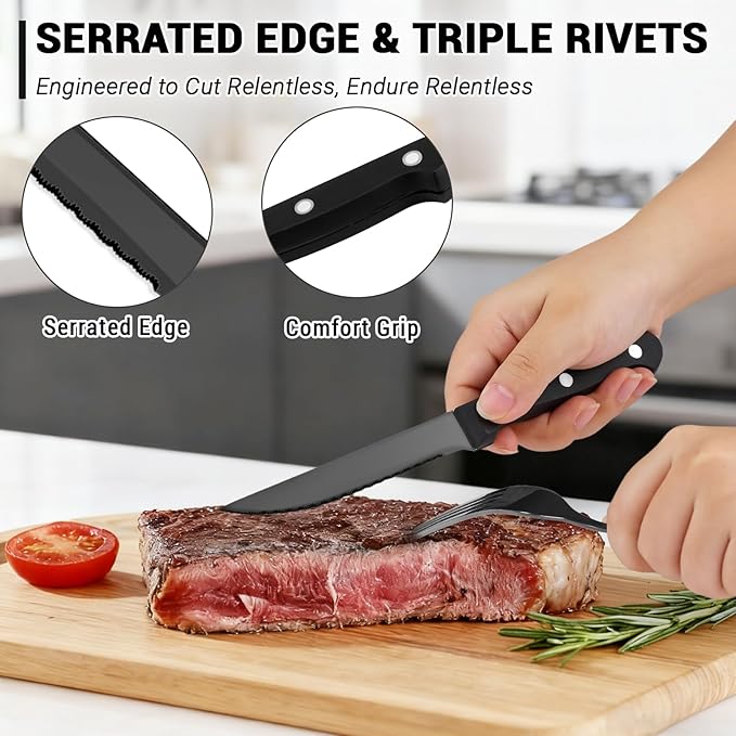 BEWOS 48-Pieces Black Silverware Set for 8 - Stainless Steel Flatware Set with Mirror Polish, Black Silverware Set Including Steak Knives, Forks and Spoons, Dishwasher Safe for Restaurant