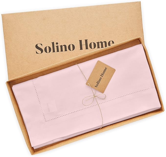 Solino Home Pink Tablecloth 52 x 52 Inch - Cotton Linen Hemstitch Square Tablecloth - Machine Washable Table Throw for Valentines, New Year