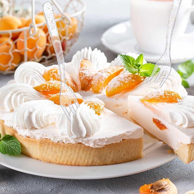 Skylety 500 Pcs Plastic Mini Forks 3.7 x 0.6 Inch Tiny Small Disposable Appetizer Cocktail Tasting Forks Utensils for Fruit Dessert Cakes Serving Supply(Transparent Gold)