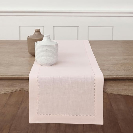 Solino Home Linen Pink Table Runner 108 Inches Long - 100% Pure Linen 14 x 108 Inch Table Runner for Valentines - Classic Hemstitch
