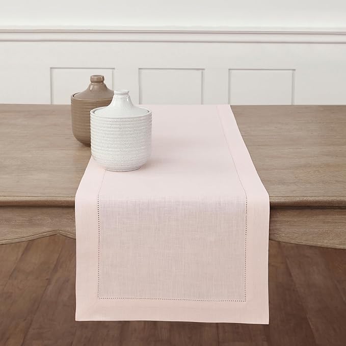 Solino Home Linen Pink Table Runner 60 Inches - Classic Hemstitch, 100% Pure Linen Coffee Table Runner 14 x 60 Inch Ideal for Dresser Tables - Valentines