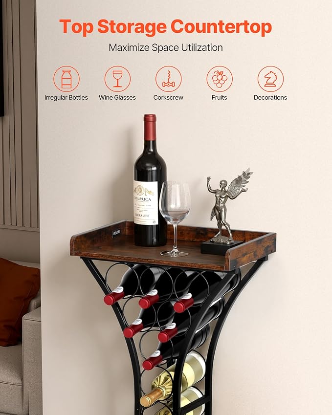 VEVOR 15 Bottle Wine Rack, Freestanding Floor Wine Holder Stand Liquor Cabinet with Wood Tabletop, Easy Assembly Floor Storage Rack, for Home Bar Kitchen Living Room Dining Room, Black