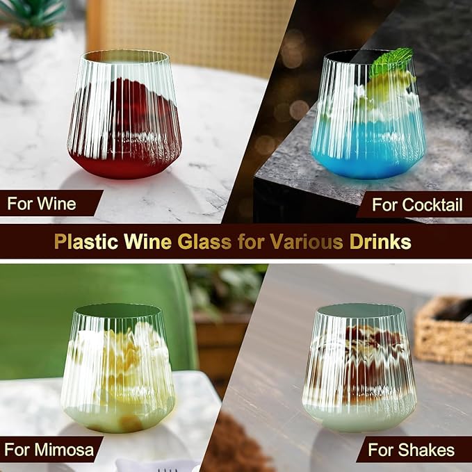 40 Pack Plastic Ribbed Wine Glasses, 14Oz Origami Disposable Wine Glasses Unbreakable Clear Plastic Cocktail Glasses Recyclable Shatterproof Reusable Wine Cups (14oz-green-40pack)