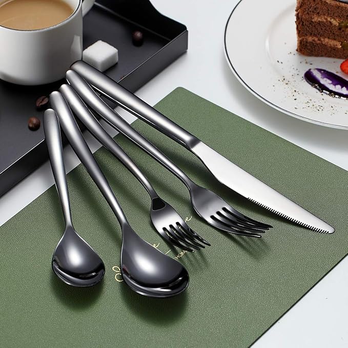 HOMQUEN 40-Piece Black Silverware Set, Black Flatware Set for 8, Stainless Steel Tableware Cutlery Set, Utensil Sets for Kitchen, Forks and Spoons Silverware (Shiny Black)