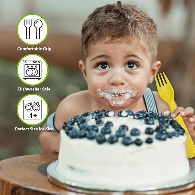 12 Pcs Kids Spoons and Forks Toddler Utensils Plastics Reusable Silverware Baby Cutlery Set Feeding Dinnerware Utensils BPA Free Microwave Dishwasher and Freezer Safe- Light Yellow