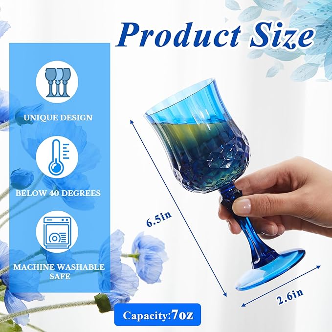 Pinkunn 24 Pcs 7 oz Plastic Vintage Wine Glasses Reusable Colored Goblets Patterned Drinking Water Glasses Cup Dishwasher Safe for Christmas Wedding Reception Party Supplies (Dark Blue)