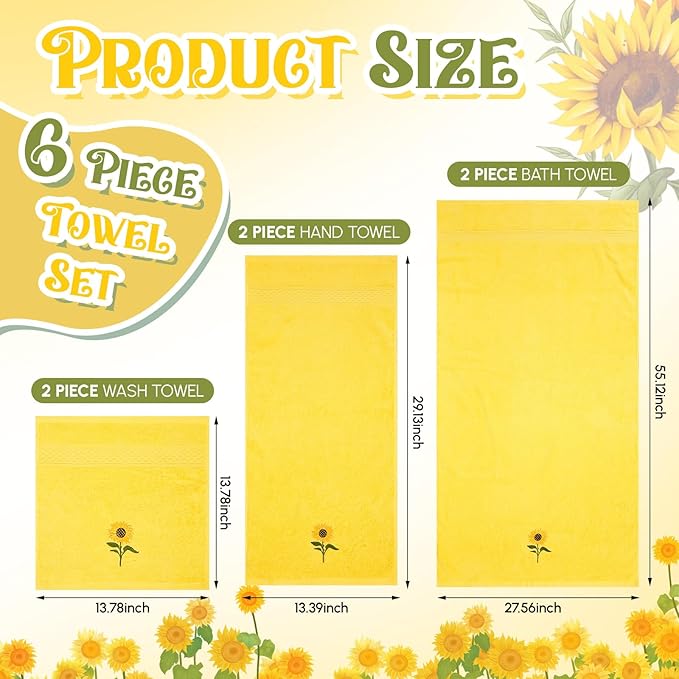 Peryiter 6 Pack Cotton Christmas Bath Towels Set Sunflower Yellow Towels for Bathroom, Soft and Absorbent, Contains 2 Bath Cloth, 2 Hand Cloth and 2 Wash Cloths