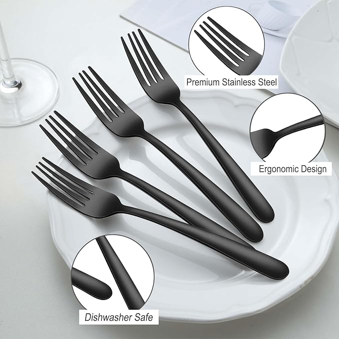 Pleafind 36-Piece Black Dinner Forks Set (8 inch), Stainless Steel Forks Silverware, Mirror Polished Fork Set, Small Forks for Home, Kitchen, Restaurant, Dishwasher Safe