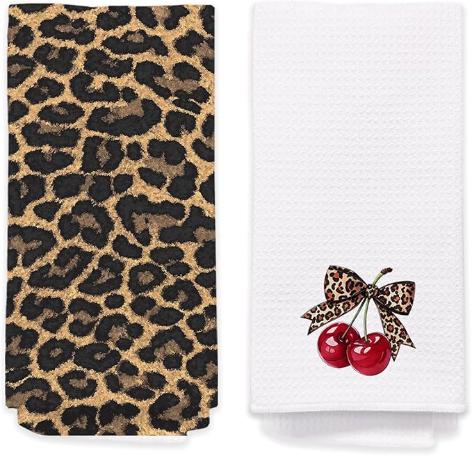Leopard Bathroom Hand Towels Set of 2 - Cheetah Bow with Cherry Guest Hand Towels, Leopard Print Dish Tea Towels for Kitchen Decor, Cherry Themed Gifts for His Hers, Housewarming Gift Idea