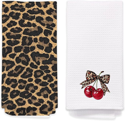Leopard Bathroom Hand Towels Set of 2 - Cheetah Bow with Cherry Guest Hand Towels, Leopard Print Dish Tea Towels for Kitchen Decor, Cherry Themed Gifts for His Hers, Housewarming Gift Idea
