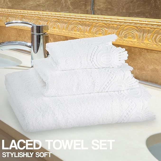 3 Piece Laced Bath Towels Set for Bathroom, Bath, Hand & Wash Cloths, Decorative Stylish Plush Cotton Washcloths - Showering, Face & Body Washing, Airbnb Essentials & Host Accessories, White
