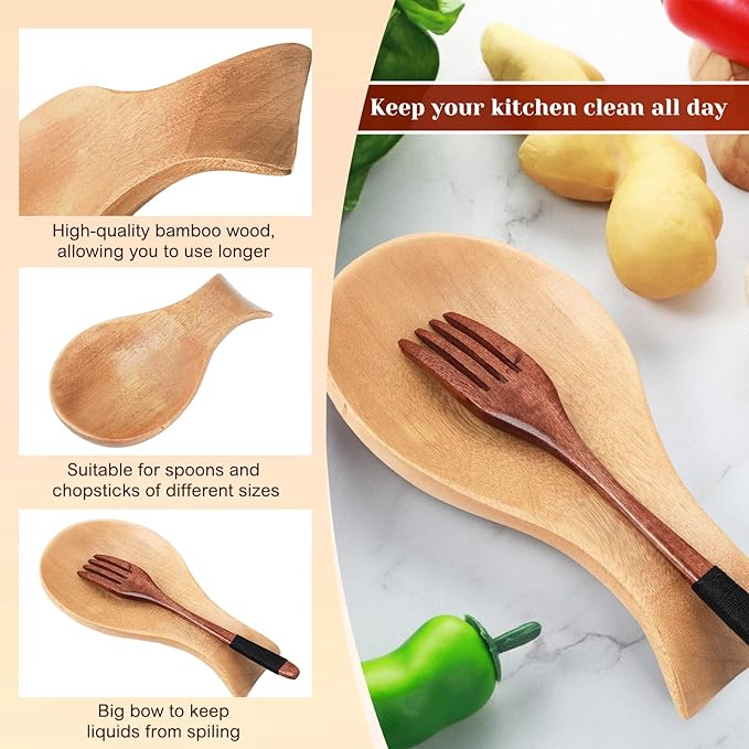 Patelai Acacia Wood Spoon Rest for Stove Top Bamboo Holder for Spatula Rest for Kitchen, Counter Spoon Holder for Countertop, Modern and Rustic for Farmhouse as Dining Table Decoration(Wood Color)