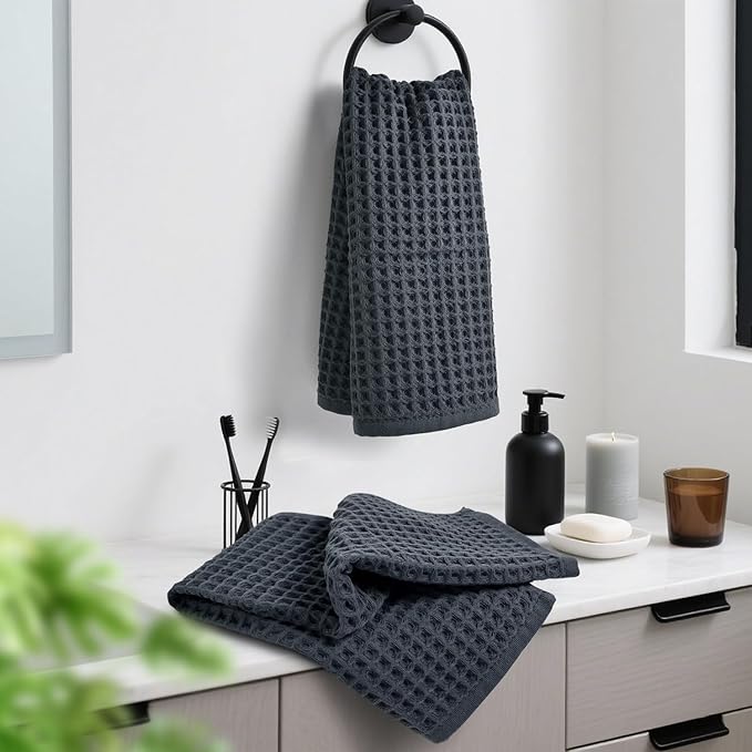 Jacquotha Waffle Hand Towels for Bathroom 2-Piece (Charcoal Blue) – Cotton Quick Dry Lint Free Face Towels 13” x 29”