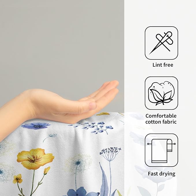 Blue Yellow Floral Hand Towels 2 PCS，Watercolor Poppy Flowers Botanical Leaves Kitchen Dish Towel Spring Summer Decor Washcloth for Bathroom Home Spa Gift 14.4 x 28.3 Inch