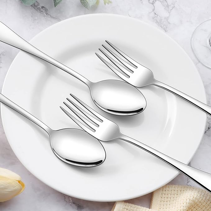 E-far 16-Piece Dinner Forks and Spoons, Stainless Steel Silverware Flatware Eating Utensils Set for Home Kitchen Restaurant, Food Grade Metal & Streamline Design, Mirror Finish & Dishwasher Safe, 8 In