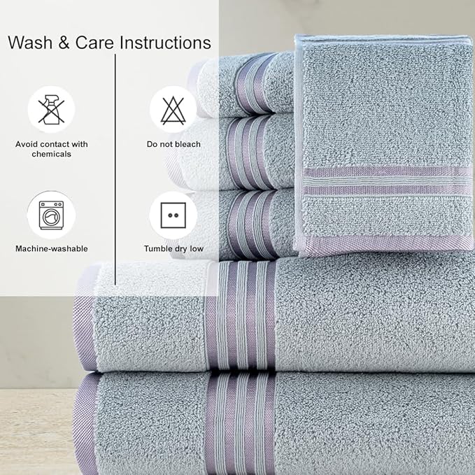 CASA COPENHAGEN Zero Twist, 6 Pieces Set 100% Cotton 0" Twist Towel Set- Grey Violet, 600 GSM, 2 Bath, 2 Hand, 2 Washcloths Made from Egyptian Cotton, Ultra Soft Luxury Towels for Bathroom