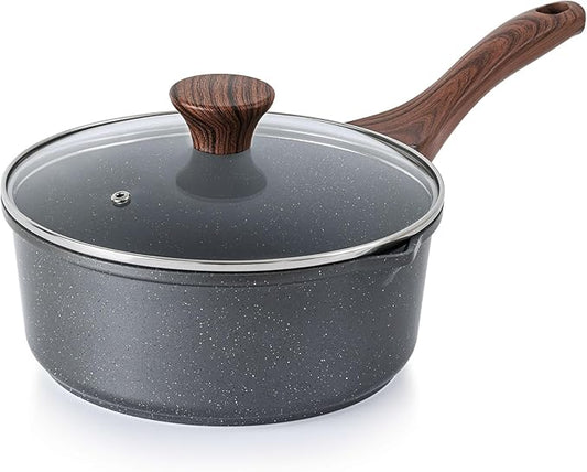 SENSARTE Nonstick Sauce Pan with Double Spout, 3.0 Quarts Swiss Granite Coating Sauce Pot with Lid Medium Kitchen Cooking Pot, Induction Comptable Saucepan, Free of Intentionally Added PFOA
