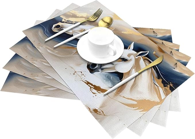 Horse Placemats Set of 4 Linen 12"x18" Washable Heat-Resistant Modern Decorative Kitchen Table Mats for Dining Outdoor Home Decor Cute Place Mats