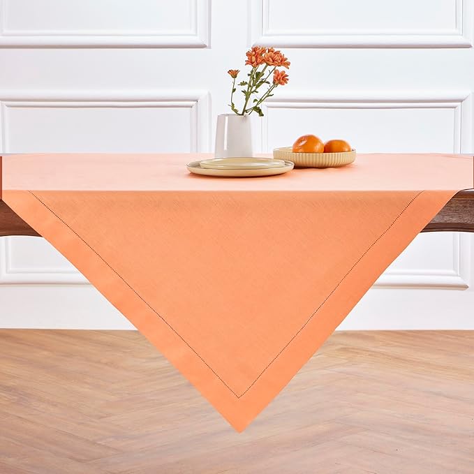 Solino Home Coral Linen Tablecloth 52 x 52 Inch - 100% Pure Linen Square Table Throw - Classic Hemstitch, Machine Washable Table Cloth