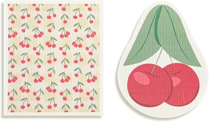 DEMDACO Reusable Biodegradable Kitchen Cleaning Dish Cloth from Design Serving Collection 6 x 7 Inch Cotton Blend Cherry Assorted Set of 2