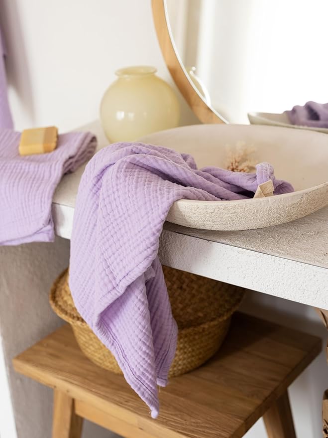 4 Pieces Muslin Towel Set for Bathroom, Luxury 100% Turkish Cotton Thin Soft Quick-Dry Lint-Free Large Size Bath Hand Towel Sets (Lilac, 2 Bath & 2 Hand Towel Set)