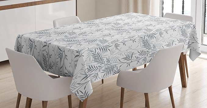 Ambesonne Grey Tablecloth, Swirling Branch and Leave Patterns in Antique Style and Modern Design Print, Rectangular Table Cover for Dining Room Kitchen Decor, 60" X 84", White Grey